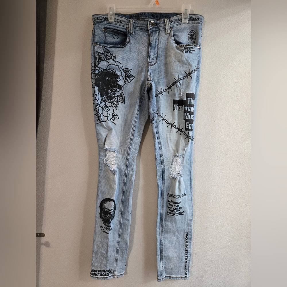 Rogue Light Blue Skinny Jeans with Black Graphic Prints